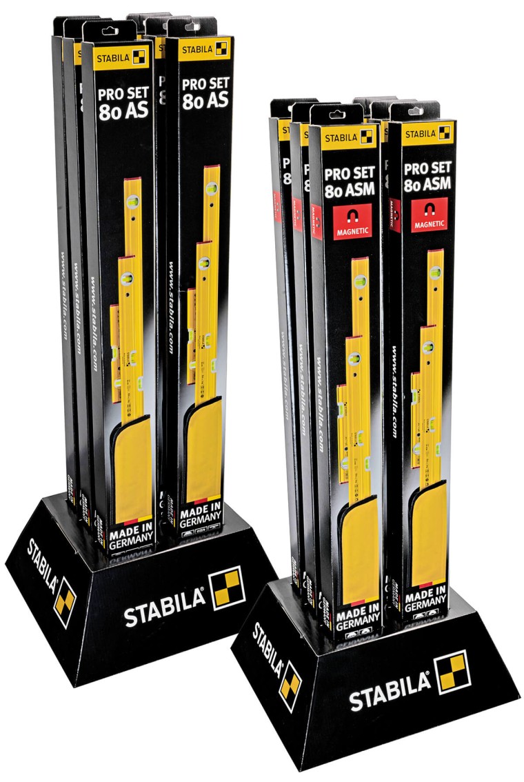Für den Abverkauf des neuen PRO SET 80 AS / 80 ASM im Fachhandel stellt STABILA ein Karton- Bodendisplay zur Verfügung. Standardmäßig mit sechs Sets bestückt, kann es auch leer geordert werden, um die Bestückung nach Bedarf individuell vorzunehmen.