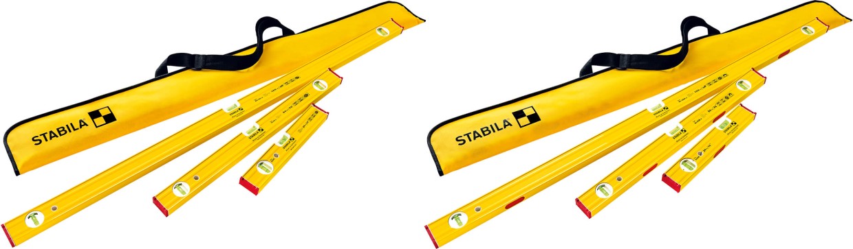 Das neue PRO SET 80 AS (links) bzw. 80 ASM (rechts) von STABILA umfasst drei hochpräzise Wasserwaagen in den Längen 30, 60 und 120 cm.