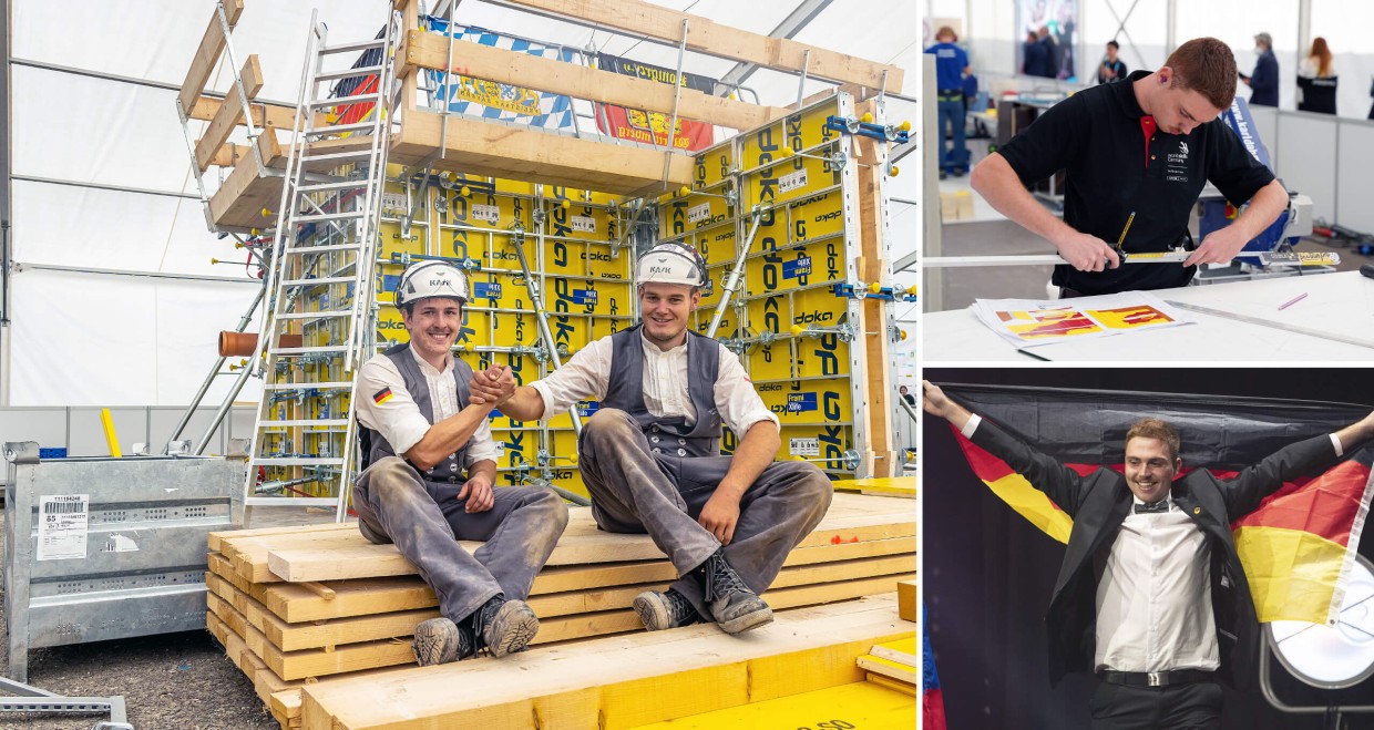 Gold für Yannic Schlachter bei den Fliesenlegern (Bilder rechts); Eine der begehrten Medallion of Excellence ging an die Betonbauer Julian Kiesl und Niklas Berroth (Bild links)